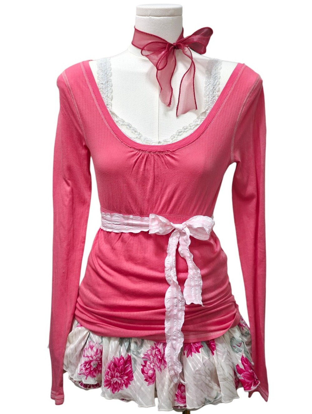Abercrombie Strawberry Pink Long Sleeve Babydoll Top With Tie